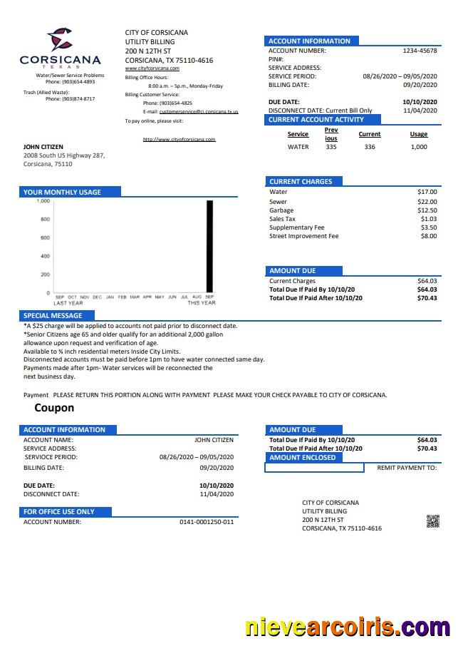 USA Texas City of Corsicana utility bill